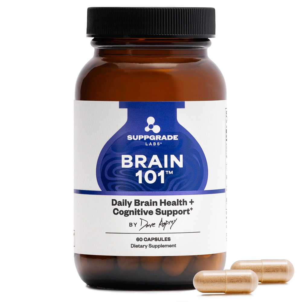 Suppgrade Labs Brain 101 capsules on table for daily cognitive support.