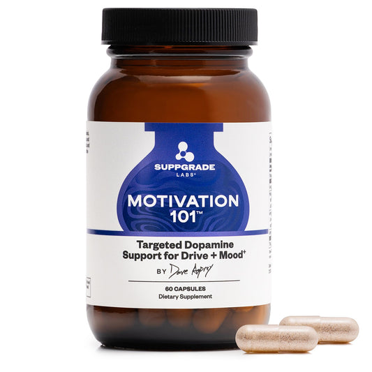 Suppgrade Labs Motivation 101 bottle closeup highlighting a clean focus-ready formula