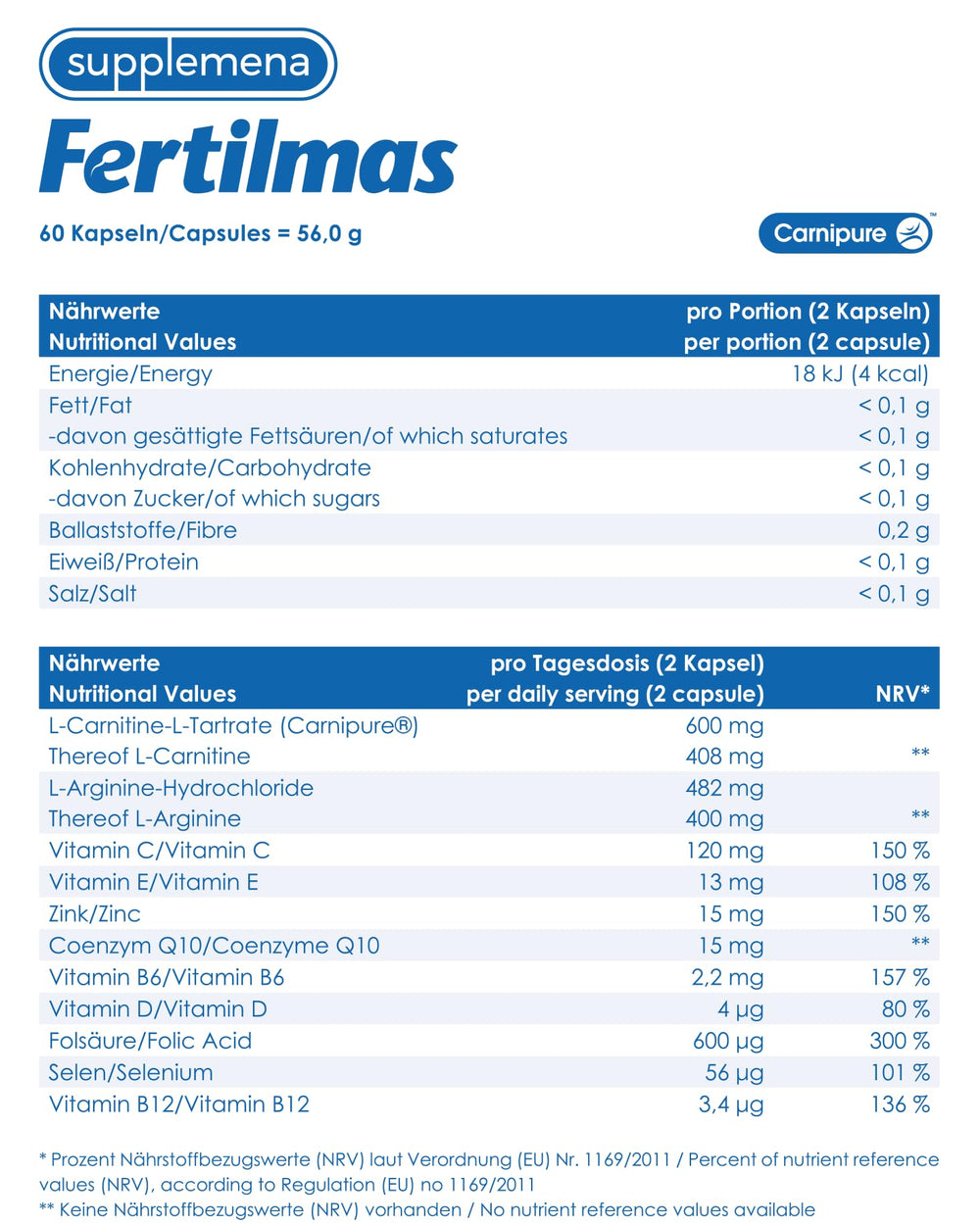 Supplemena Fertilmas packaging display German-made quality and purity emphasis
