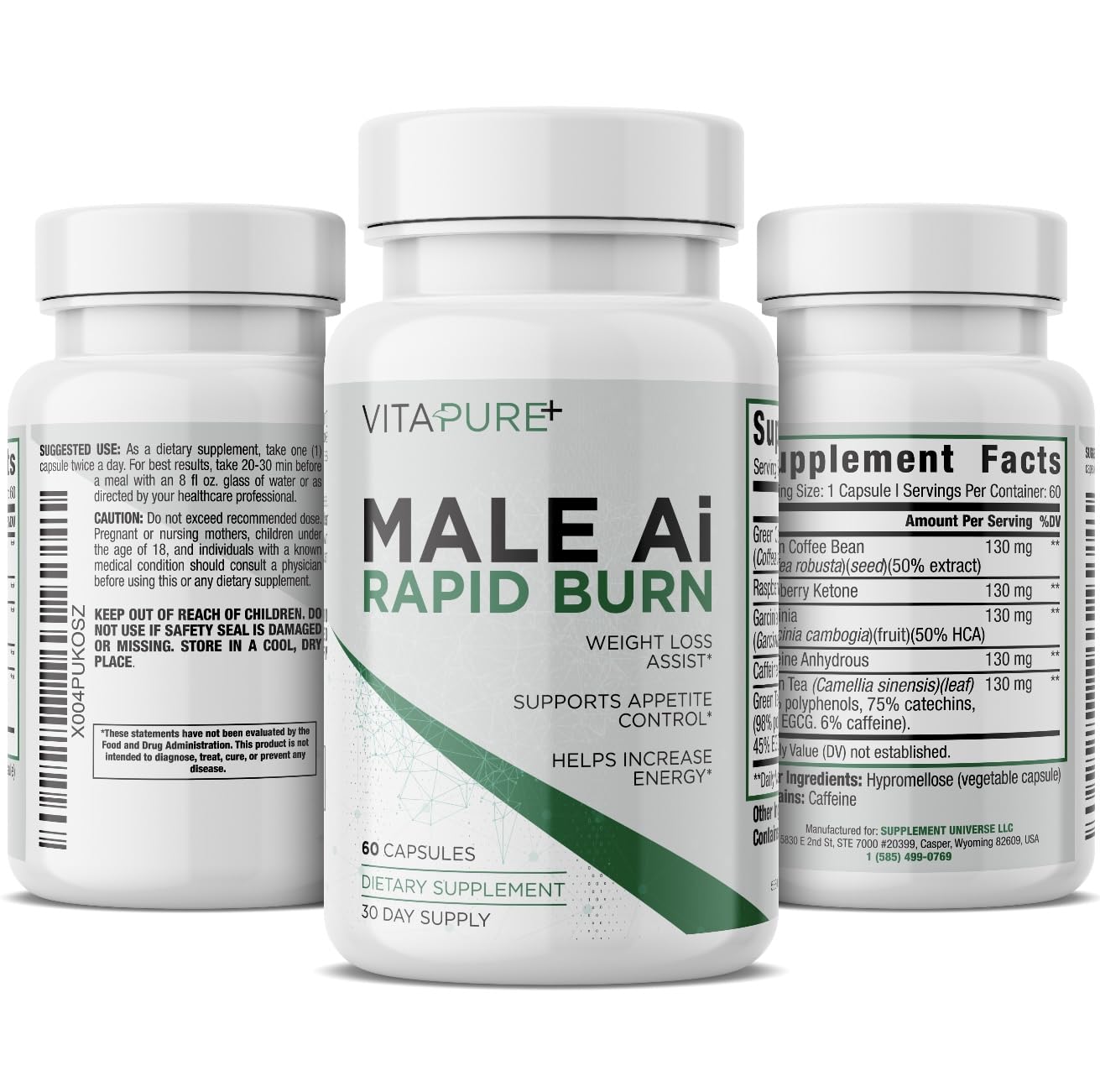 Supplement Universe Male AI Rapid Burn bottle showing precise dosage for energy and appetite support.