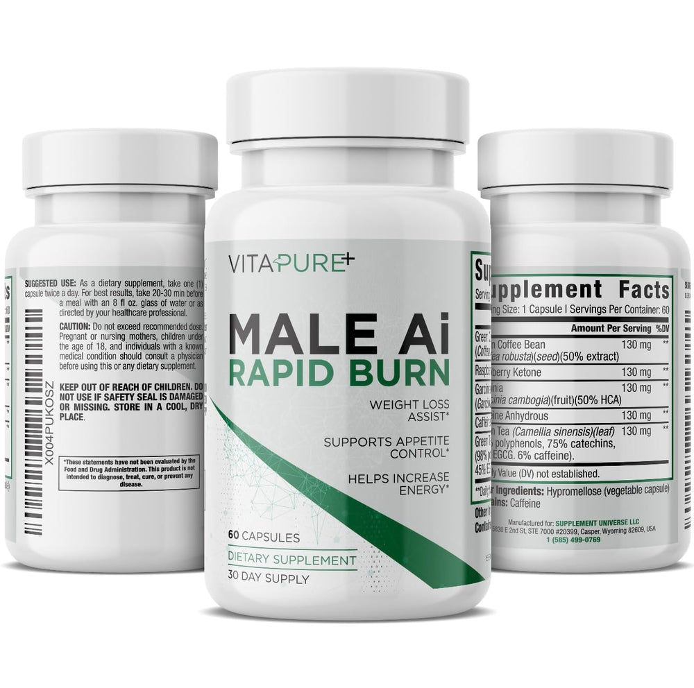 Supplement Universe Male AI Rapid Burn bottle showing precise dosage for energy and appetite support.