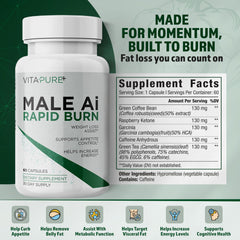 Male AI Rapid Burn capsules line-up highlighting energy support and thermogenic formula.