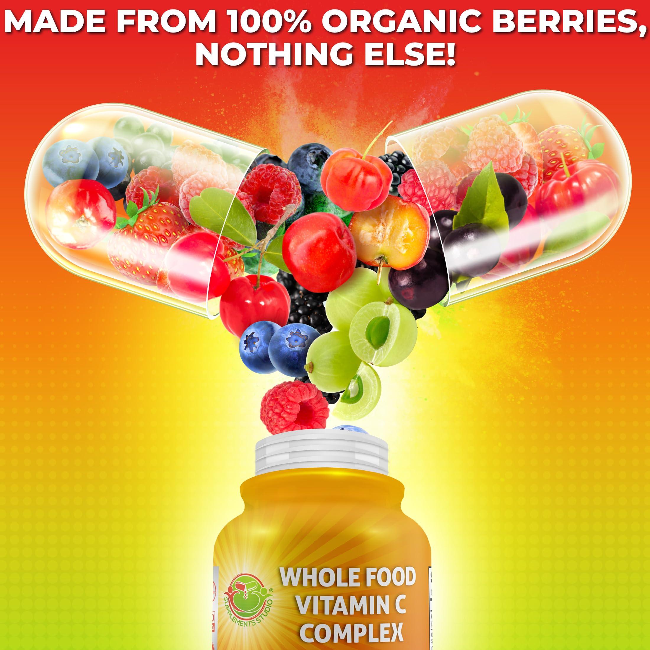 SUPPLEMENTS STUDIO Berry ingredients panel showing organic fruit blend.