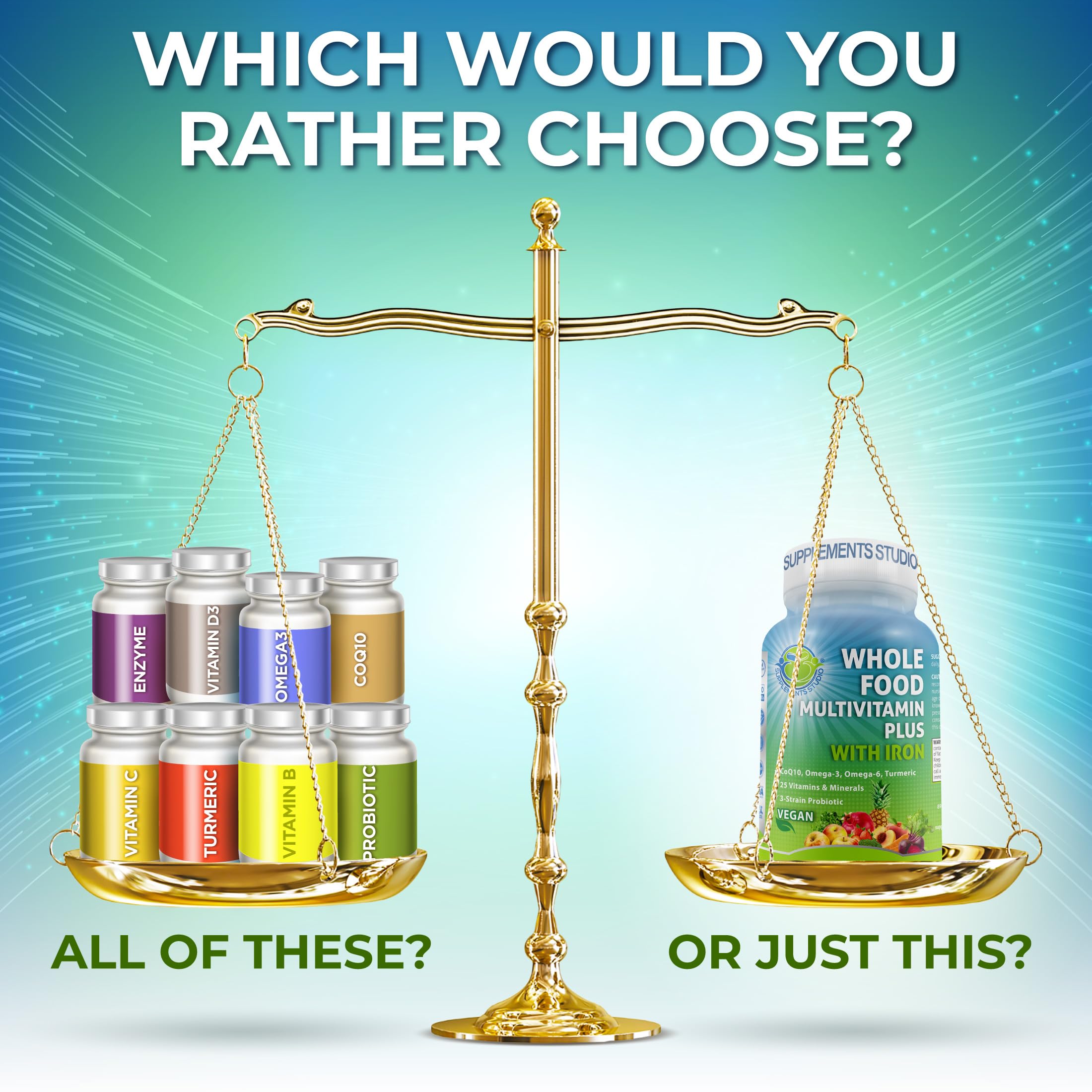 SUPPLEMENTS STUDIO ingredient panel emphasizes organic fruits and vegetables as primary nutrients.