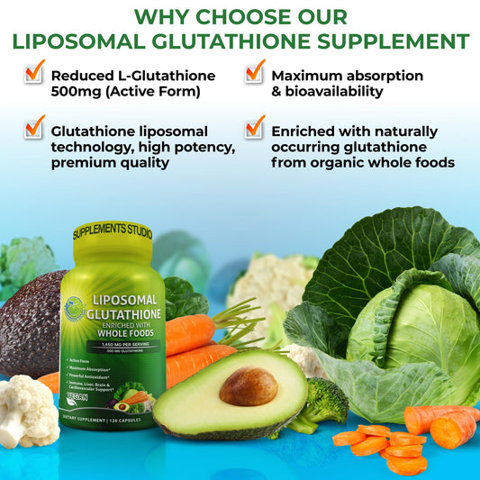SUPPLEMENTS STUDIO Liposomal Glutathione 500mg label closeup showing organic blend