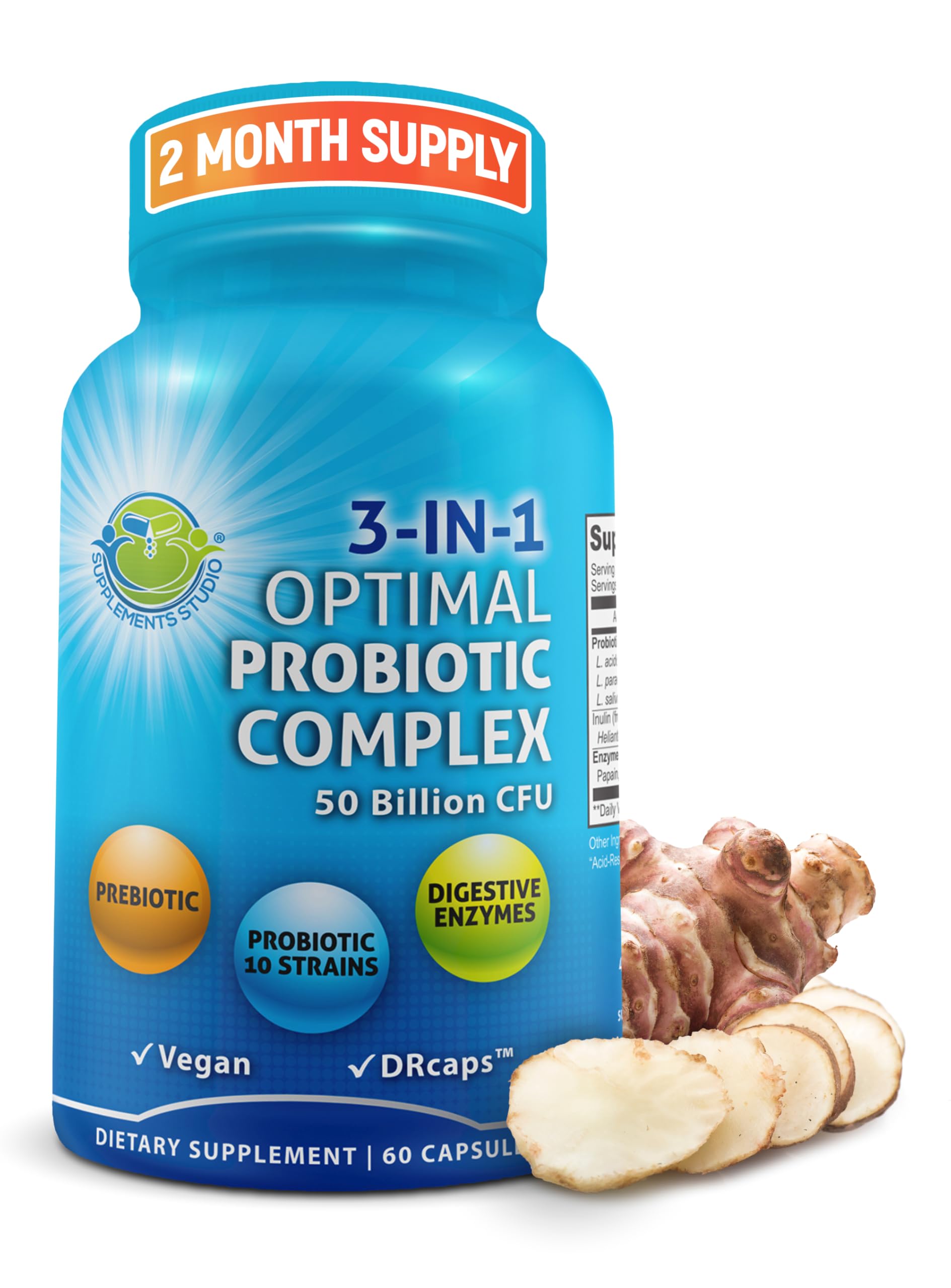 SUPPLEMENTS STUDIO probiotics bottle shows 3-in-1 gut health formula for daily use