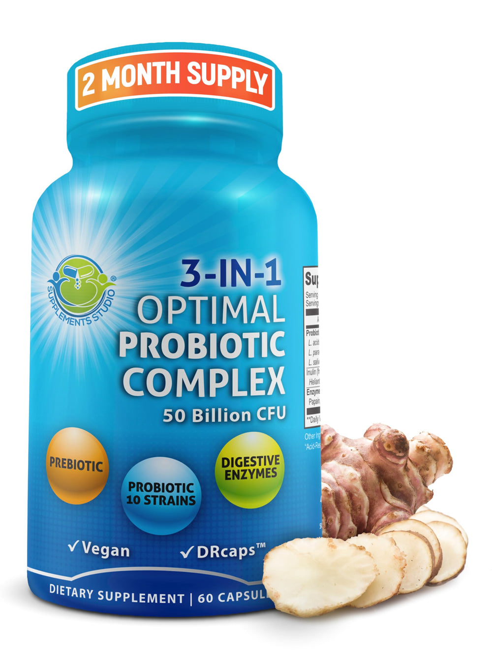 SUPPLEMENTS STUDIO probiotics bottle shows 3-in-1 gut health formula for daily use