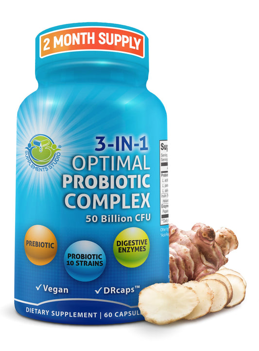 SUPPLEMENTS STUDIO probiotics bottle shows 3-in-1 gut health formula for daily use
