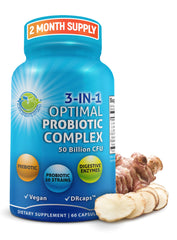 SUPPLEMENTS STUDIO probiotics bottle shows 3-in-1 gut health formula for daily use