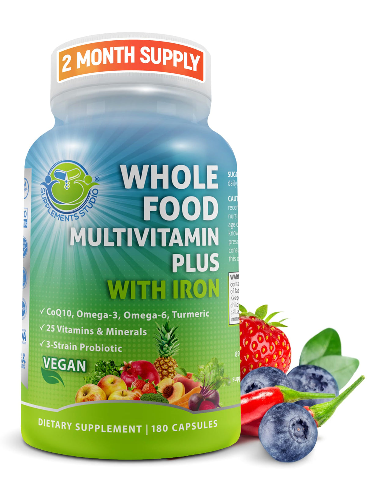 SUPPLEMENTS STUDIO vegan multivitamin bottle front highlights convenient daily nutrition for balanced energy.