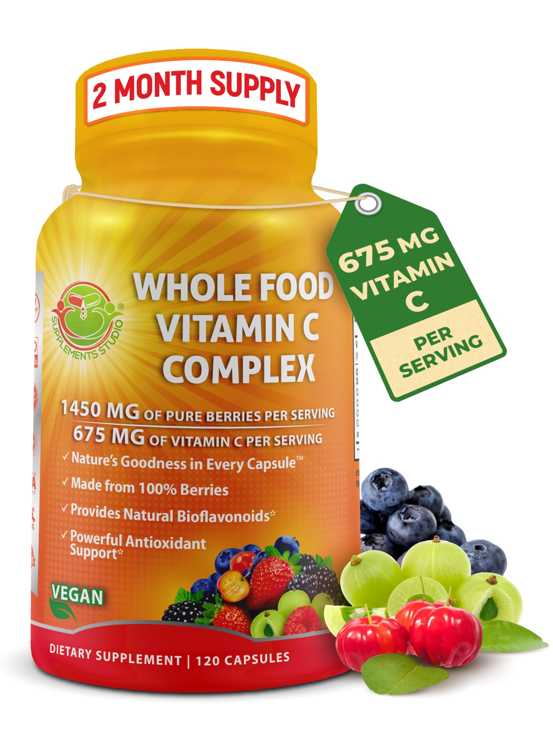 SUPPLEMENTS STUDIO Whole Food Vitamin C bottle for daily immune support.