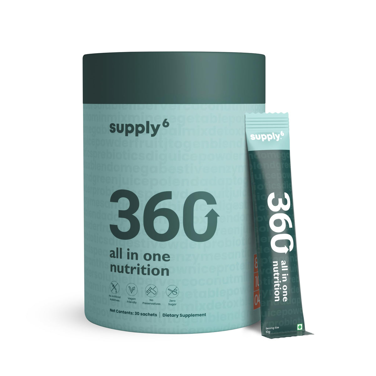 SUPPLY6 360 Greens bottle showing vibrant powder blend for steady energy