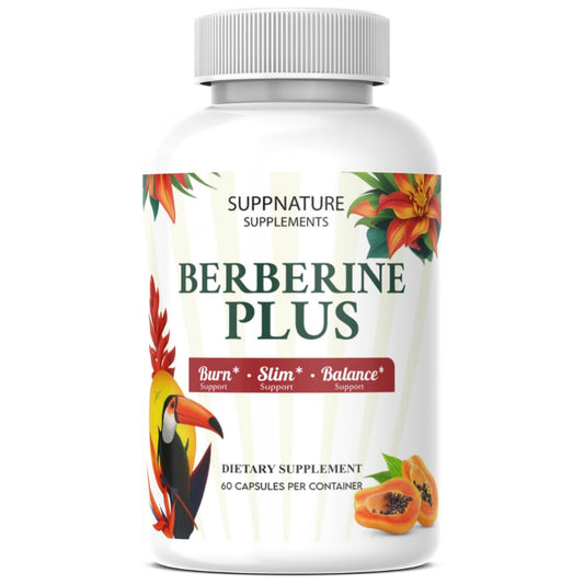 SuppNature Berberine Plus bottle front label signals premium formula for metabolic support.