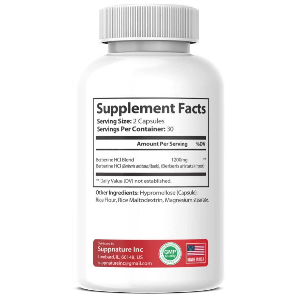 Close-up shows SuppNature Berberine Plus capsules and 5x absorption feature.