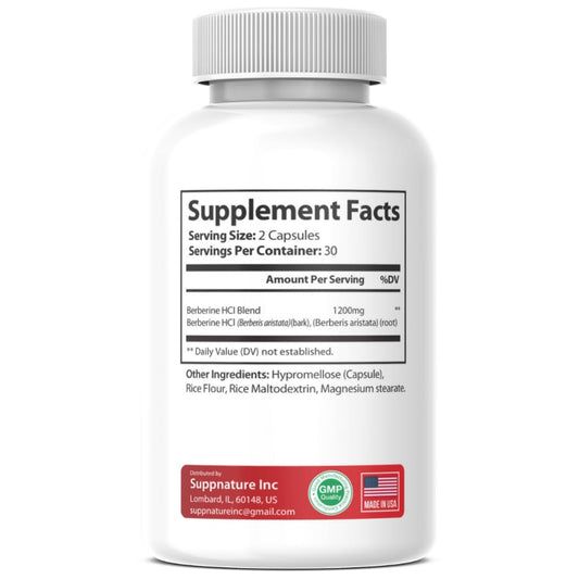 Close-up shows SuppNature Berberine Plus capsules and 5x absorption feature.