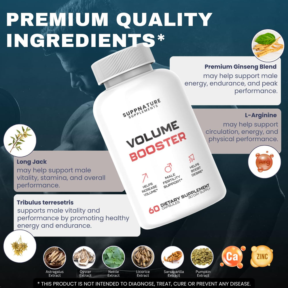 SuppNature Volume Booster daily-use scene with capsules ready for routine