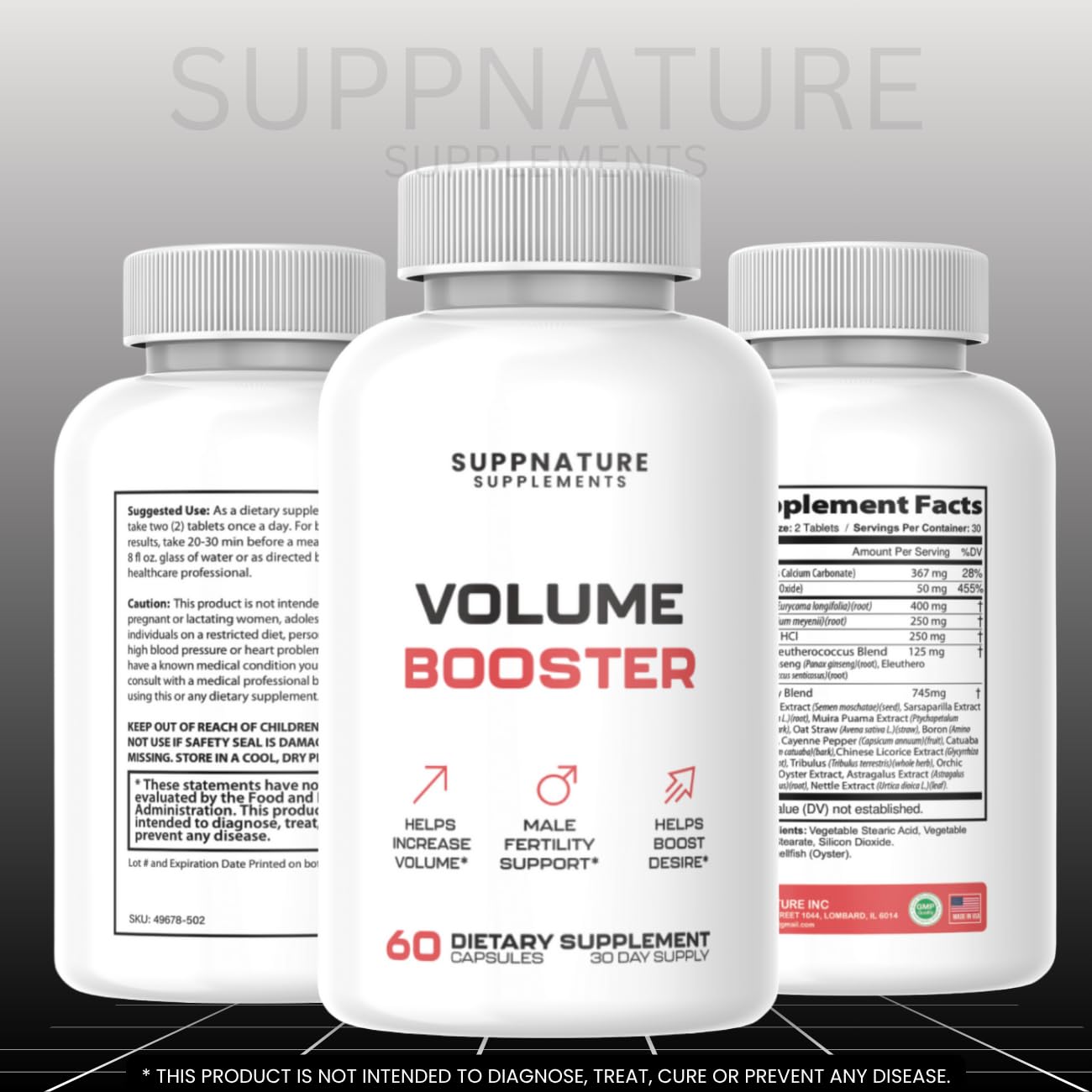 SuppNature Volume Booster USA-made badge signaling trusted production and quality