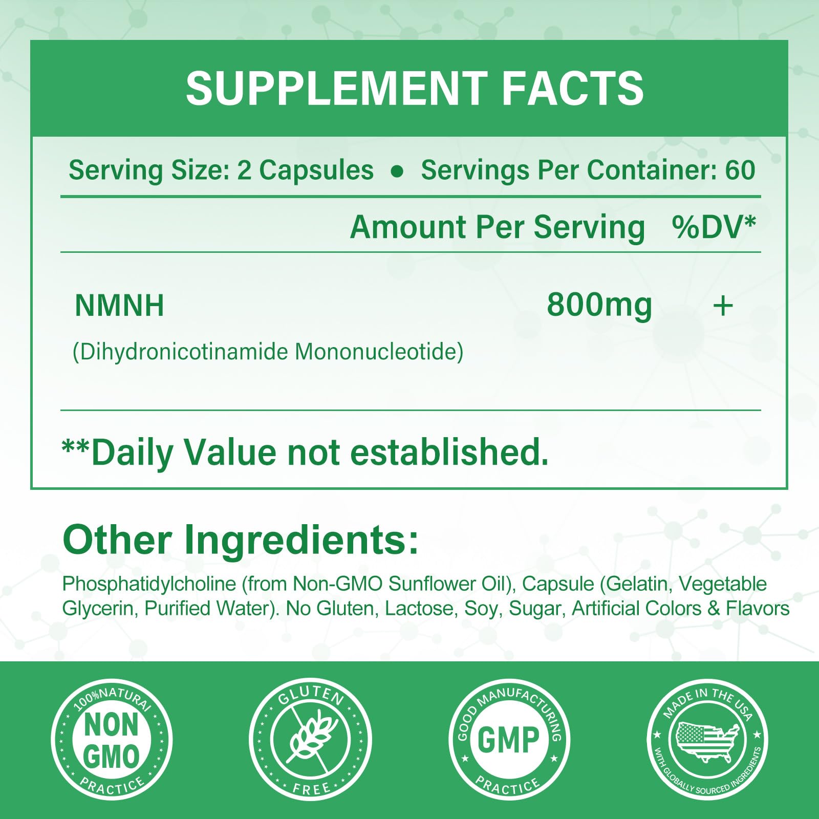 SUPRANOURISH NMNH capsules close-up highlighting 800 mg serving