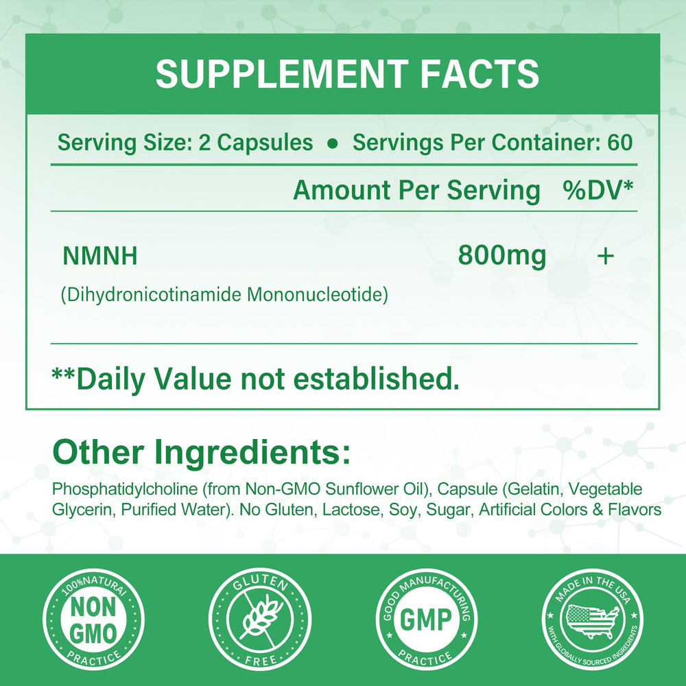 SUPRANOURISH NMNH capsules close-up highlighting 800 mg serving