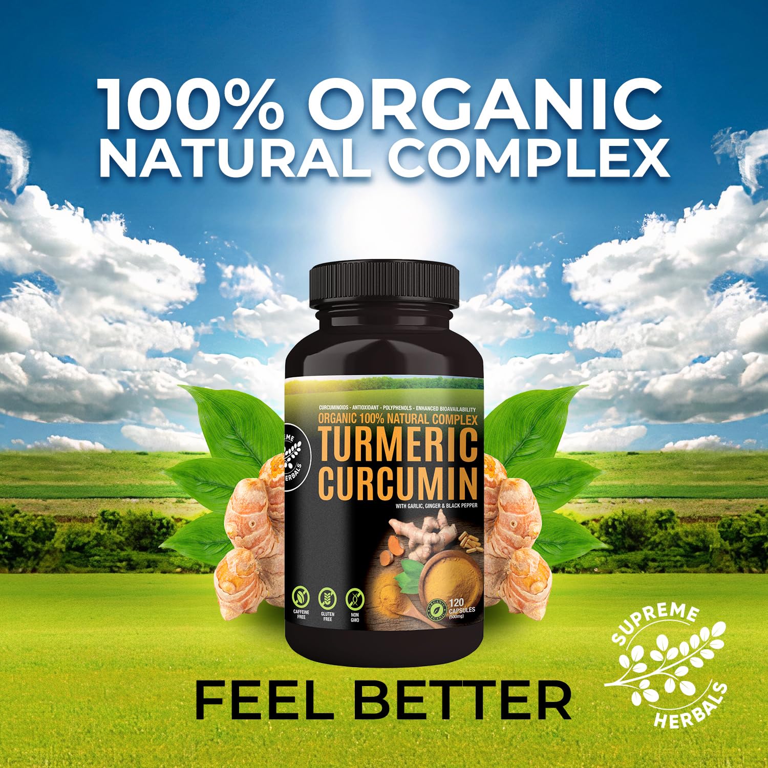 Supreme Herbals bottle and ingredients scene highlights organic turmeric blend