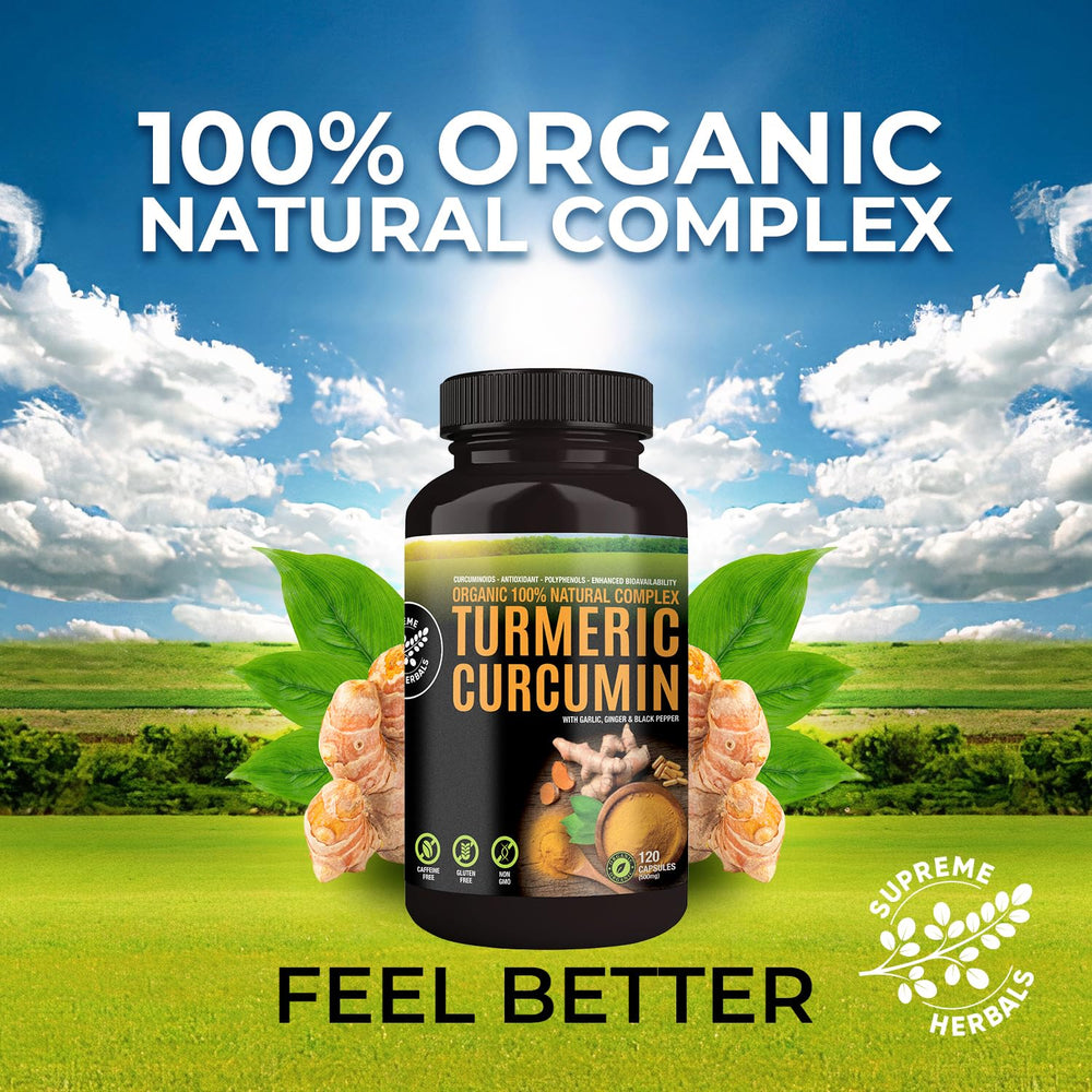 Supreme Herbals bottle and ingredients scene highlights organic turmeric blend