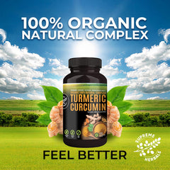 Supreme Herbals bottle and ingredients scene highlights organic turmeric blend