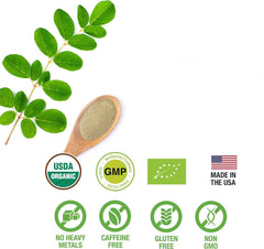 Close-up of 8 oz bag of SUPREME HERBALS Moringa powder