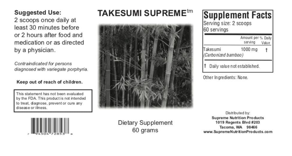 Supreme Nutrition Takesumi Supreme activated bamboo charcoal powder pouch illustrates clean ingredients and easy mixing.