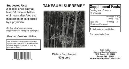 Supreme Nutrition Takesumi Supreme activated bamboo charcoal powder pouch illustrates clean ingredients and easy mixing.