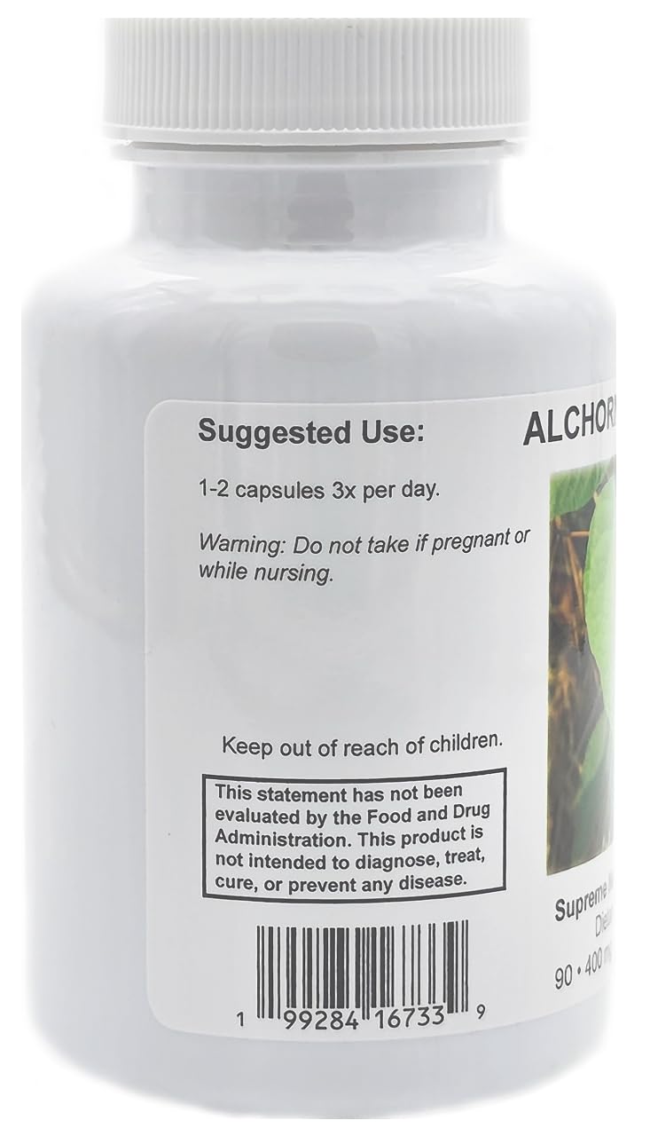Supreme Nutrition Alchornea Supreme bottle closeup emphasizes additive-free encapsulation for your routine