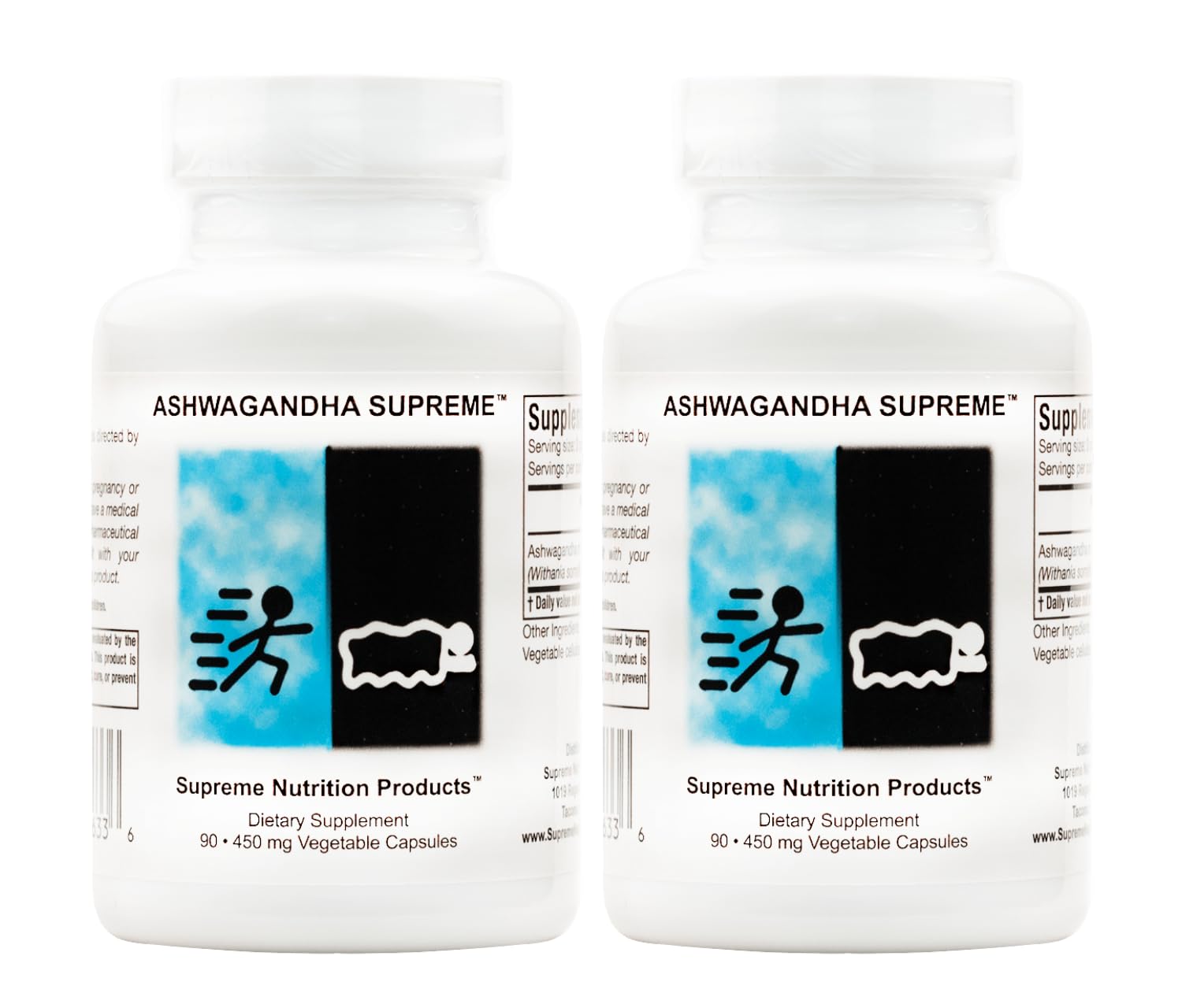 Supreme Nutrition Ashwagandha supplement bottle front for daily balance.