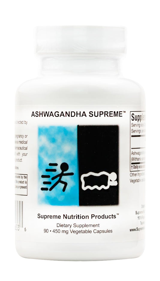 Supreme Nutrition Ashwagandha Supreme bottle, showcasing pure herbal supplement for daily balance.