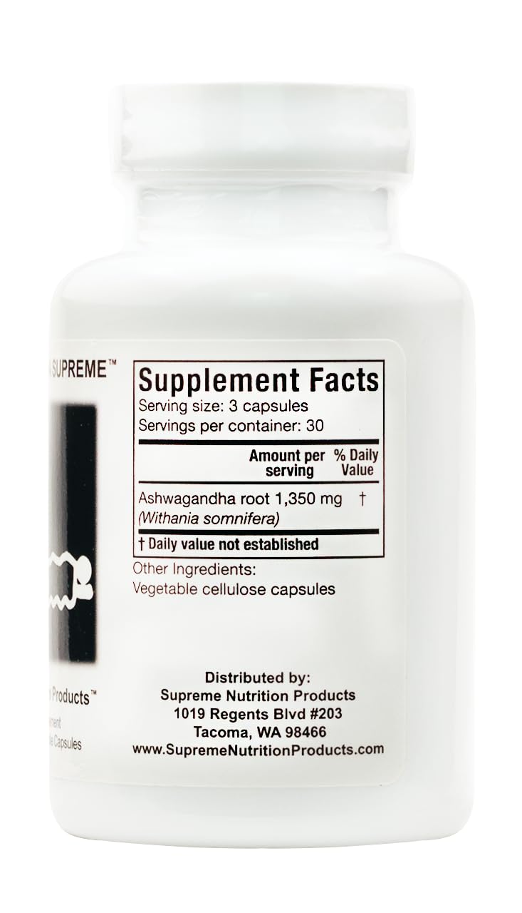 Supreme Nutrition Ashwagandha Supreme label, highlighting 100% pure Withania somnifera.