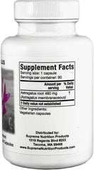 Supreme Nutrition Astragalus Supreme label close view indicating ingredients and purity quality