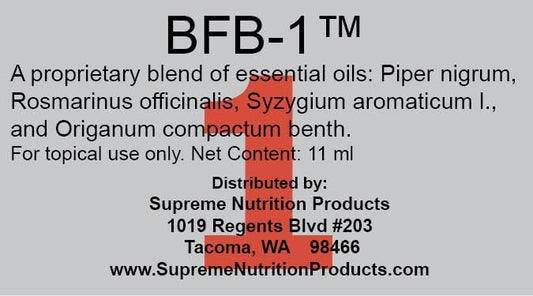 Supreme Nutrition BFB-1 label close-up highlighting pure oil blend