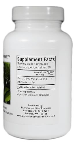 Close-up of Camu Supreme capsules highlighting plant-based, easy-to-swallow form.
