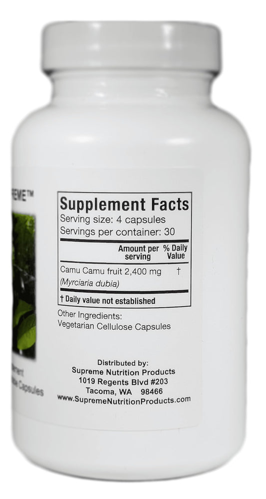 Front packaging of Supreme Nutrition Camu Supreme two-bottle pack.