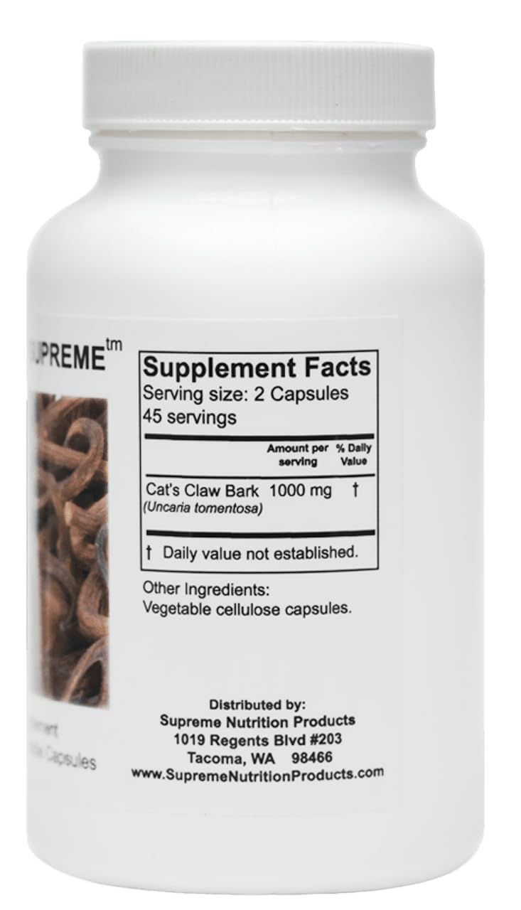 Supreme Nutrition Cat’s Claw Supreme label; easy-to-read details for daily supplementation.