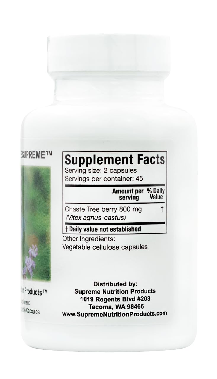 Supreme Nutrition Chaste Tree Supreme bottle back view with dosage and label details