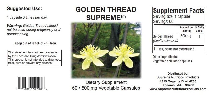 Supreme Nutrition Golden Thread capsules close-up highlighting vegetarian formula.
