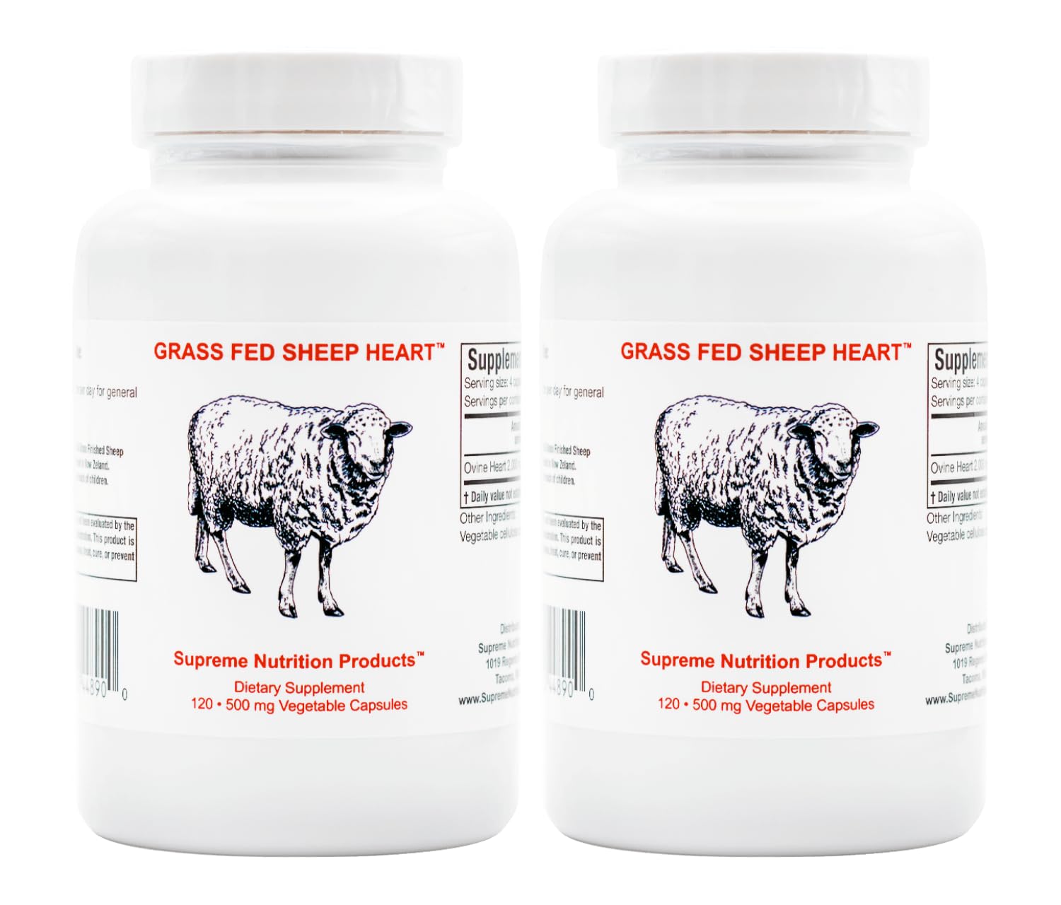 Supreme Nutrition grass-fed sheep heart bottle, natural nutrient source for daily use.