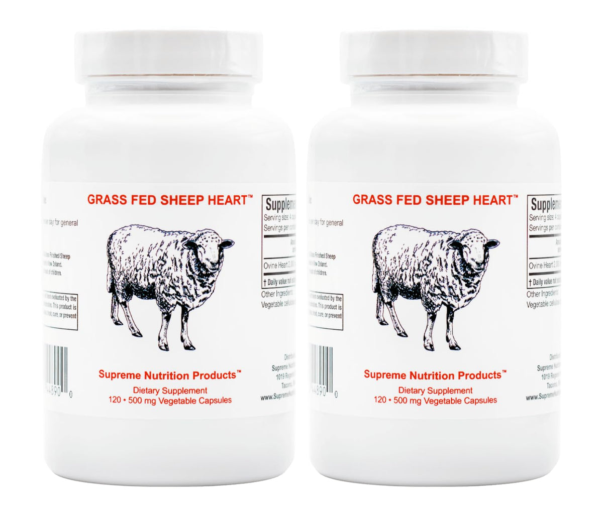Supreme Nutrition grass-fed sheep heart bottle, natural nutrient source for daily use.