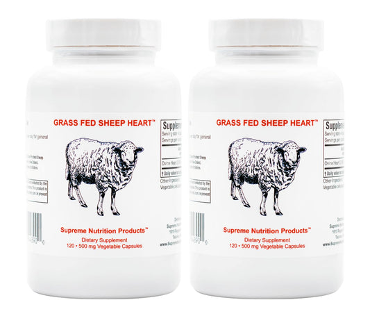 Supreme Nutrition grass-fed sheep heart bottle, natural nutrient source for daily use.