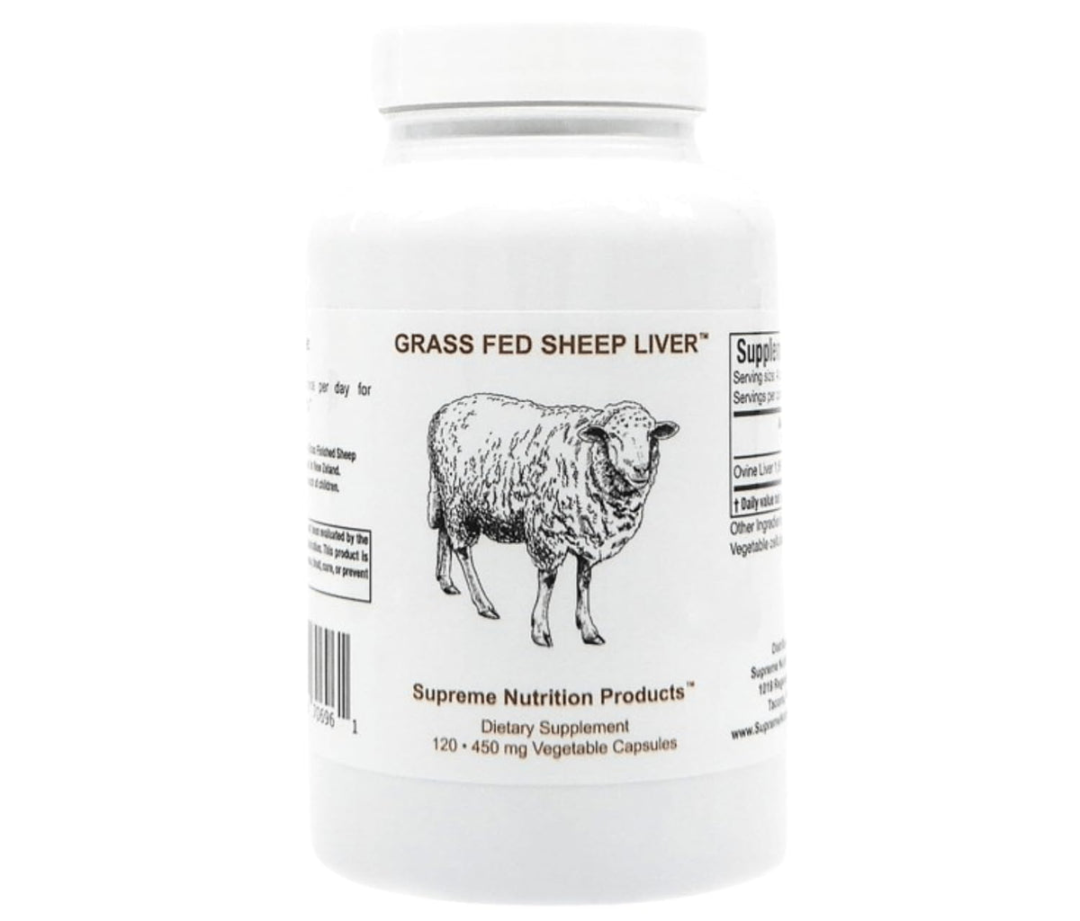 Supreme Nutrition Grass-Fed Sheep Liver capsules bottle for daily supplementation.