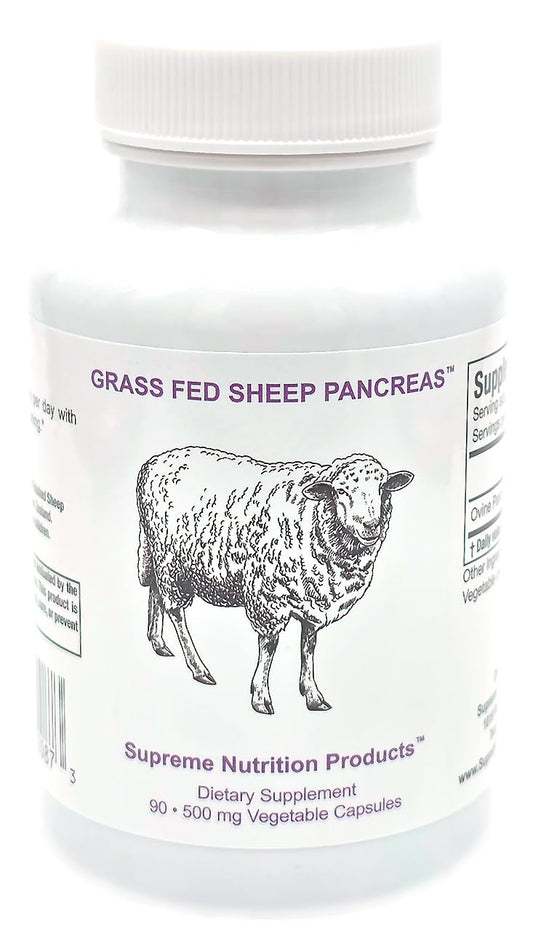 Supreme Nutrition Grass Fed Sheep Pancreas bottle shows pure glandular capsules for daily use.