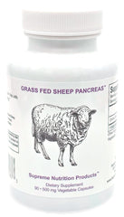 Supreme Nutrition Grass Fed Sheep Pancreas bottle shows pure glandular capsules for daily use.