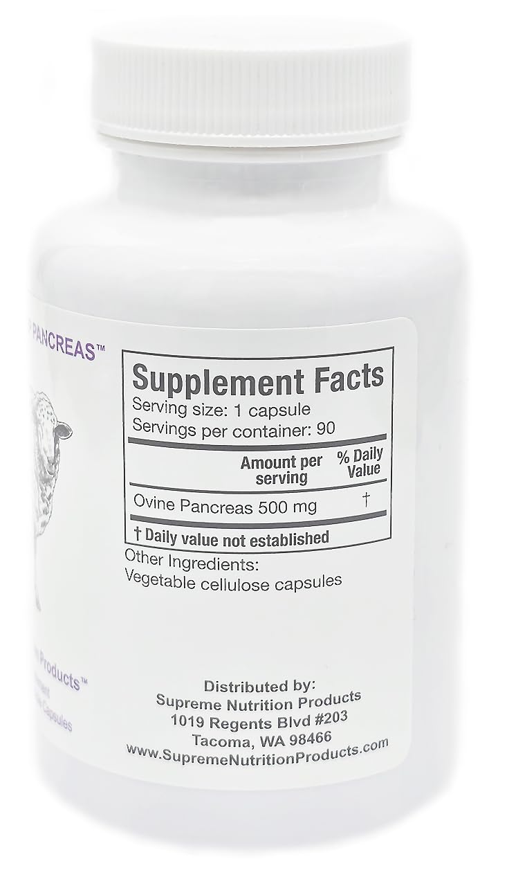 Supreme Nutrition Grass Fed Sheep Pancreas packaging label highlights batch information and quality.