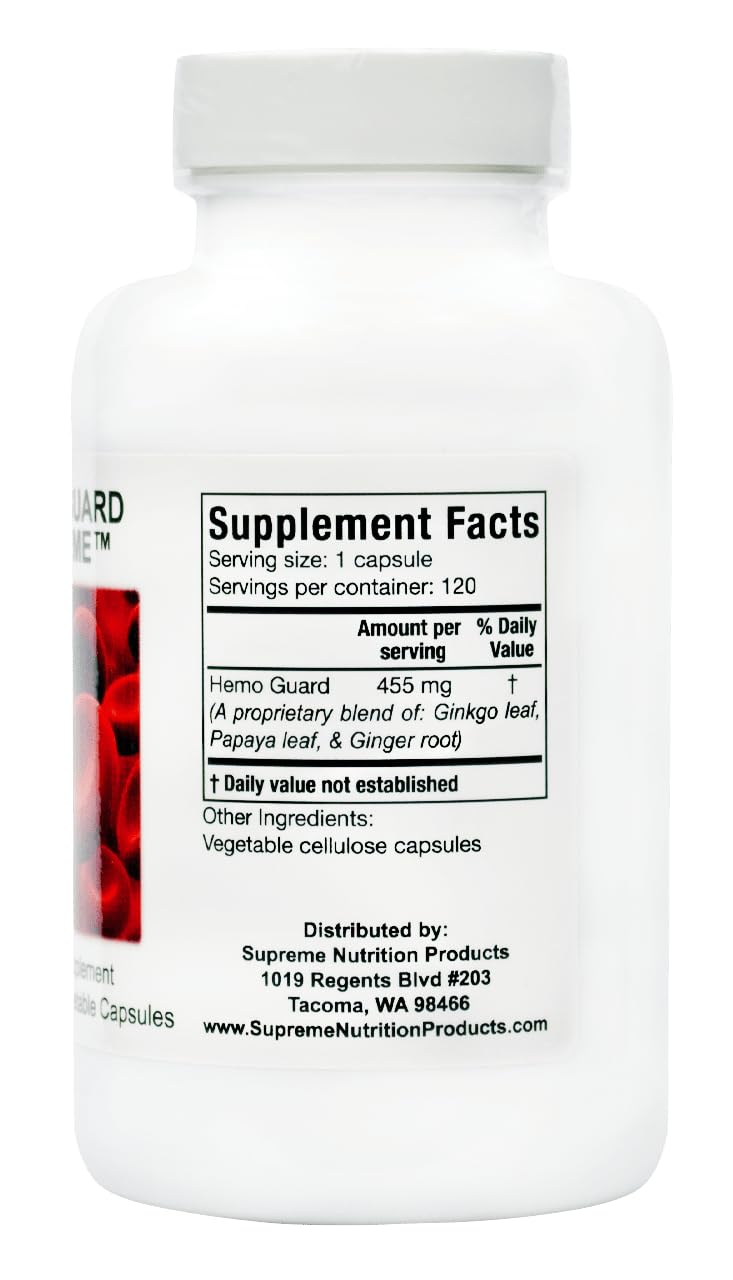 Supreme Nutrition Hemo Guard Supreme label close-up showing papaya, ginger, and ginkgo ingredients