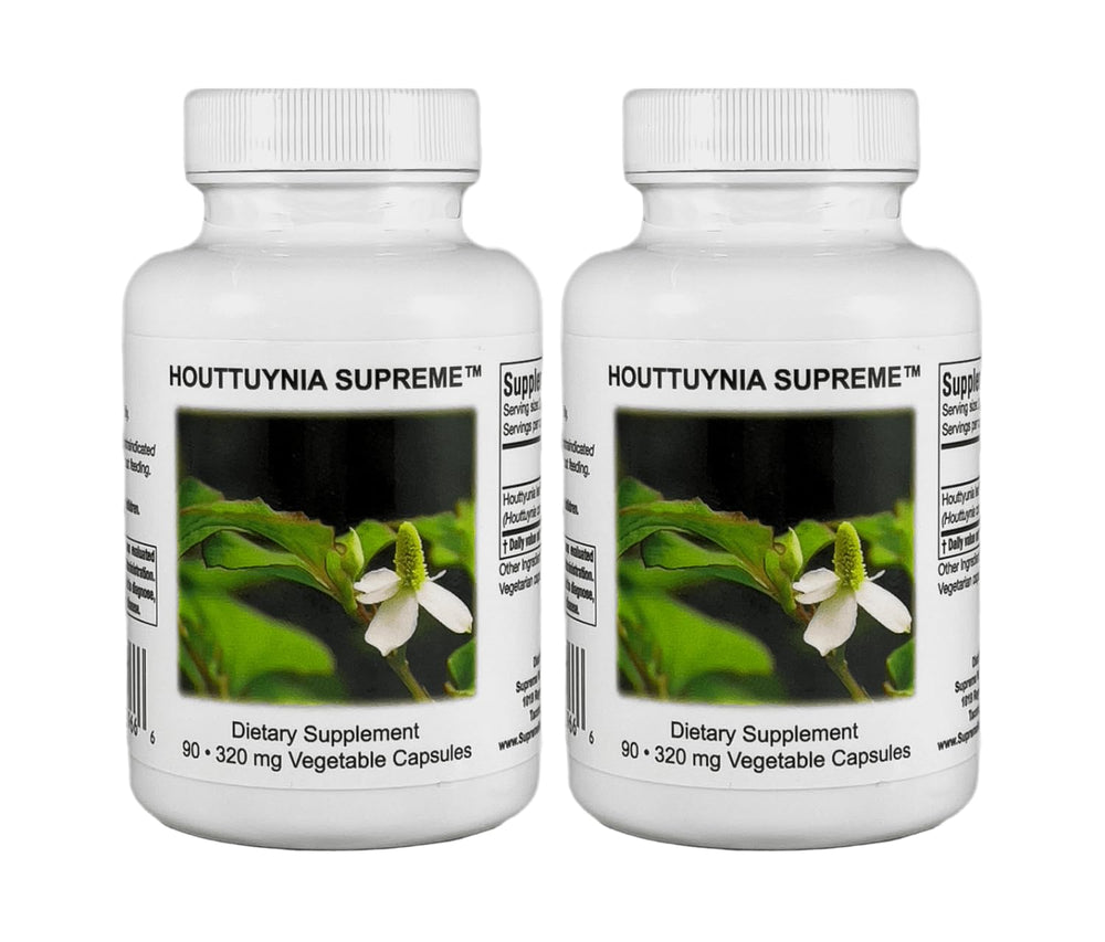 Supreme Nutrition Houttuynia Supreme bottle close-up shows pure leaf capsules for daily use