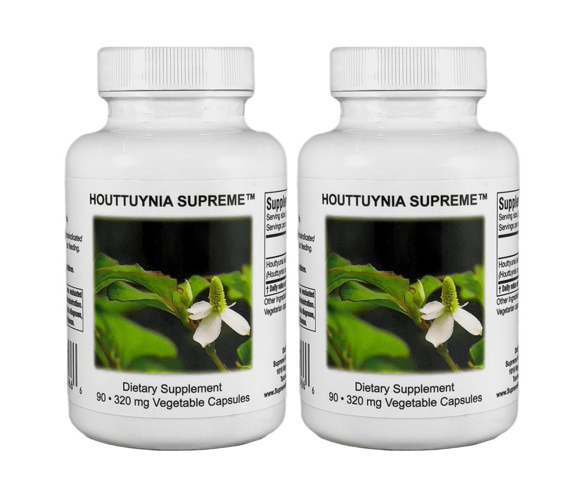 Supreme Nutrition Houttuynia Supreme bottle close-up shows pure leaf capsules for daily use
